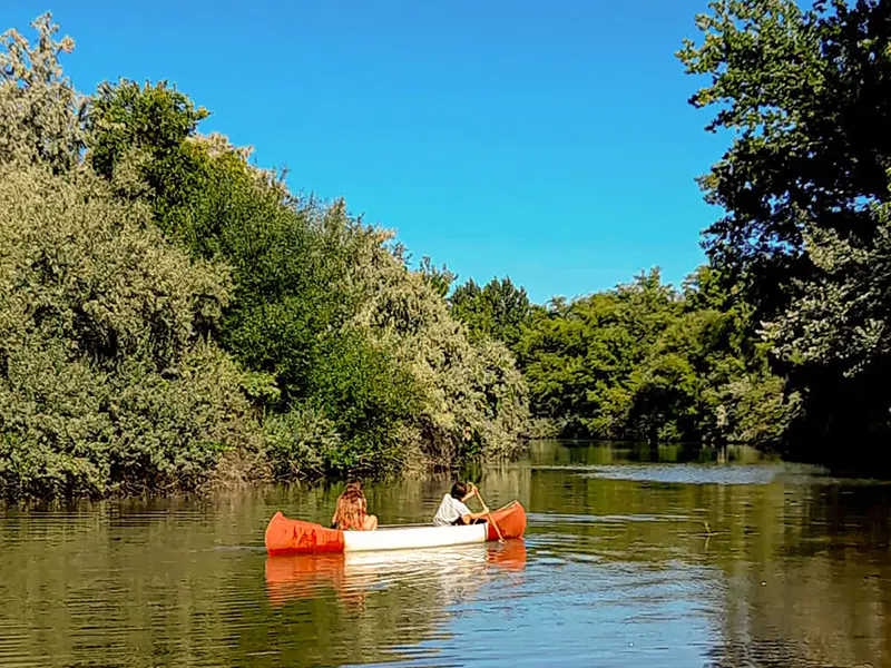 Paseos en canoa en la "Casita del Bosque", en Luis Beltrán, Río Negro.